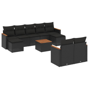 10 pcs conjunto sofás de jardim c/ almofadões vime PE preto H