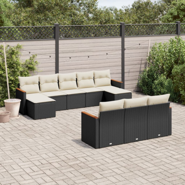 10 pcs conjunto sofás de jardim c/ almofadões vime PE preto D