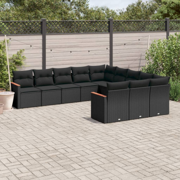 Set de sofás de jardín 11 pzas y cojines ratán sintético negro D