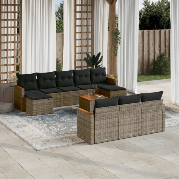 11 pcs conjunto sofás de jardim c/ almofadões vime PE cinzento D