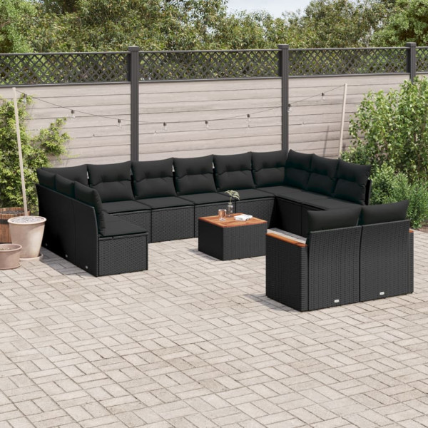 Set de sofás de jardín y cojines 13 pzas ratán sintético negro D