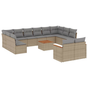 13 pcs conj. sofás jardim c/ almofadões vime PE bege misturado H