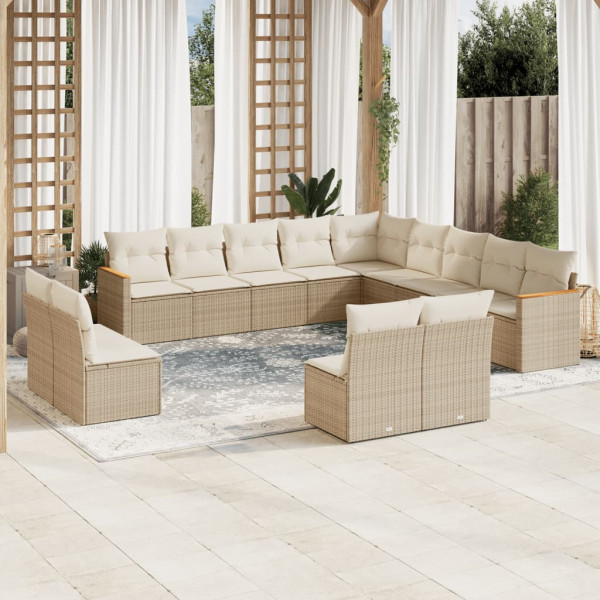 13 pcs conjunto de sofás p/ jardim com almofadões vime PE bege D