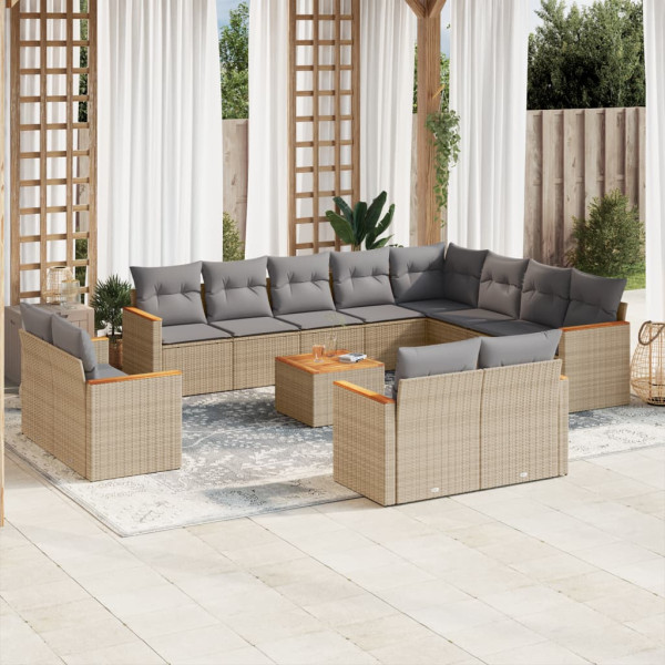 13 pcs conj. sofás jardim c/ almofadões vime PE bege misturado D