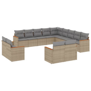 13 pcs conj. sofás jardim c/ almofadões vime PE bege misturado H