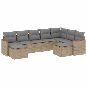 9 pcs conj. sofás jardim c/ almofadões vime PE bege misturado H