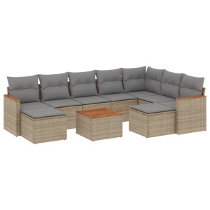 10 pcs conj. sofás jardim c/ almofadões vime PE bege misturado H