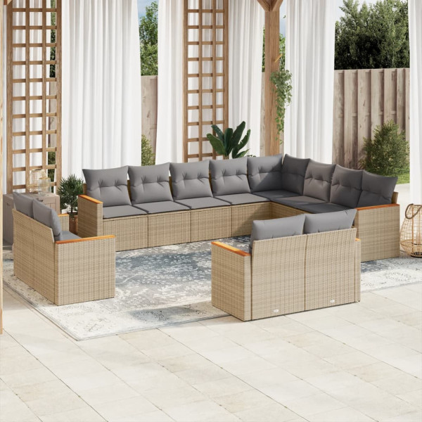 12 pcs conj. sofás jardim c/ almofadões vime PE bege misturado D