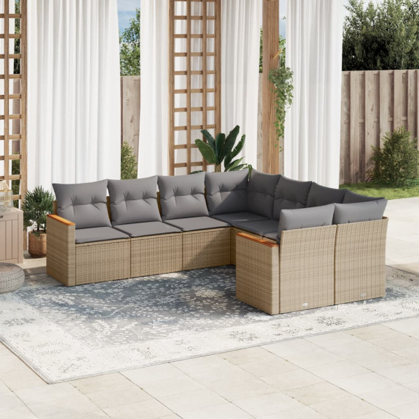 8 pcs conj. sofás jardim c/ almofadões vime PE bege misturado D