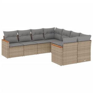 8 pcs conj. sofás jardim c/ almofadões vime PE bege misturado H