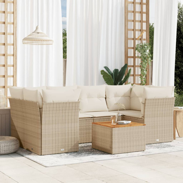 Set sofás de jardín 7 piezas y cojines ratán sintético beige D