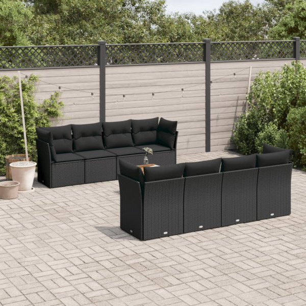 9 pcs conjunto de sofás p/ jardim c/ almofadões vime PE preto D
