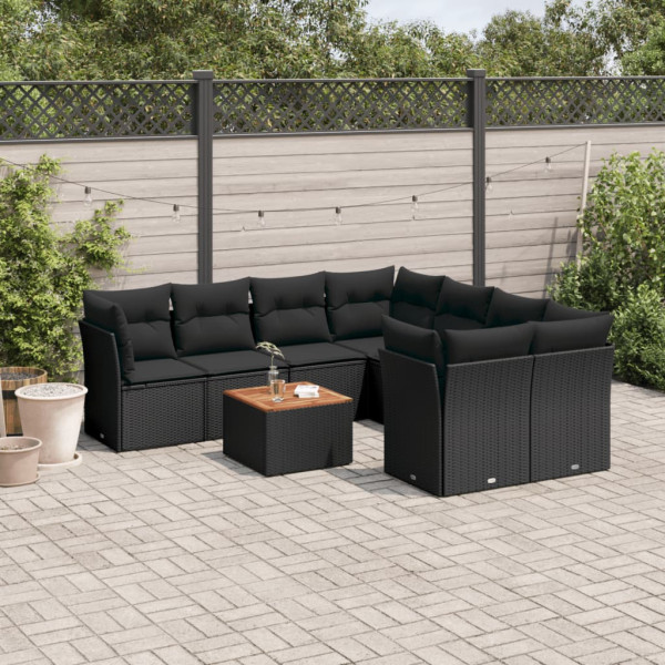 Set de sofás de jardín 8 piezas y cojines ratán sintético negro D
