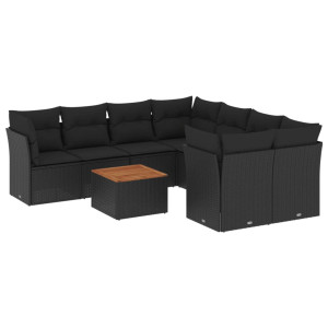 9 pcs conjunto de sofás p/ jardim c/ almofadões vime PE preto H