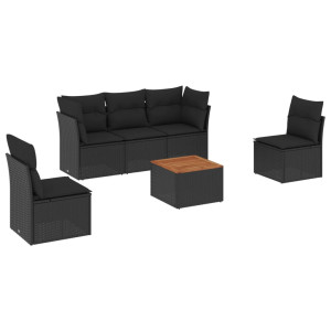6 pcs conjunto sofás de jardim c/ almofadões vime PE preto H
