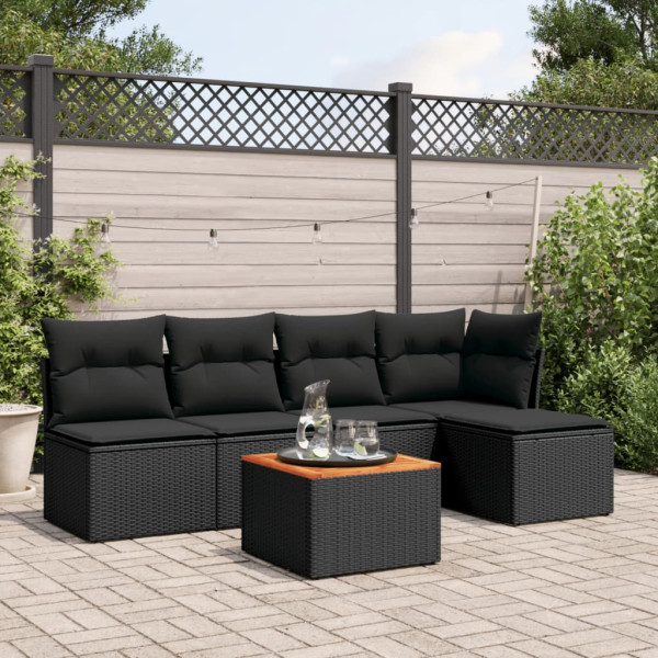 6 pcs conjunto sofás de jardim c/ almofadões vime PE preto D