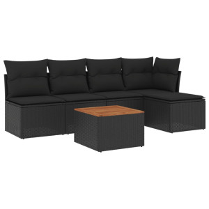 6 pcs conjunto sofás de jardim c/ almofadões vime PE preto H