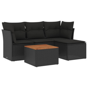 5 pcs conjunto sofás de jardim com almofadões vime PE preto H