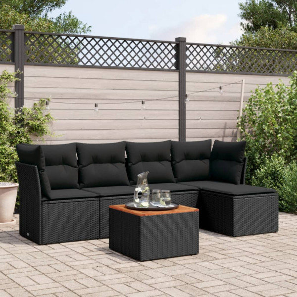 Set de sofás de jardín 6 piezas y cojines ratán sintético negro D
