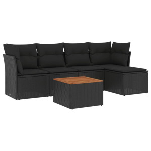 6 pcs conjunto sofás de jardim c/ almofadões vime PE preto H