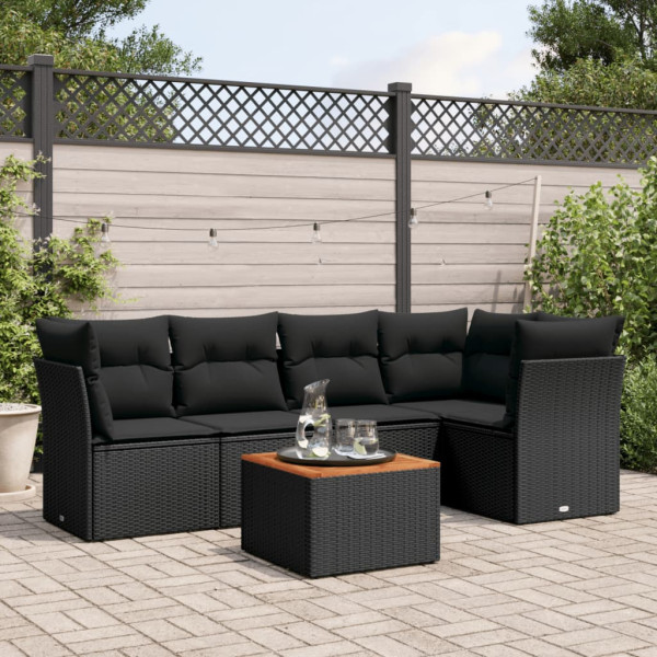6 pcs conjunto sofás de jardim c/ almofadões vime PE preto D