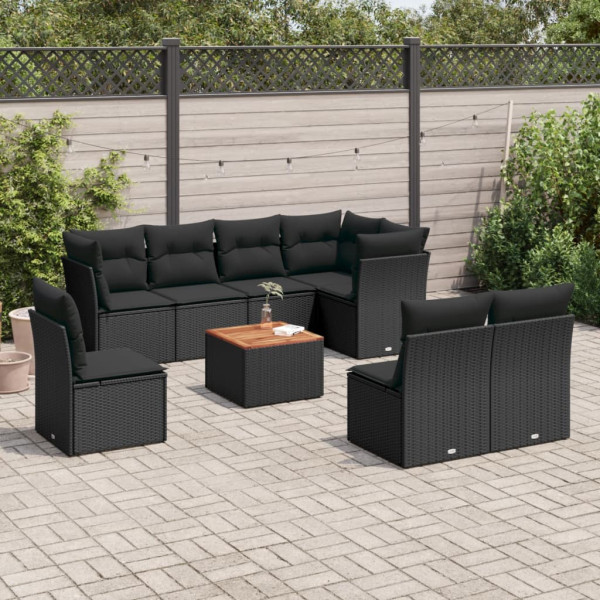 Set de sofás de jardín 8 piezas y cojines ratán sintético negro D