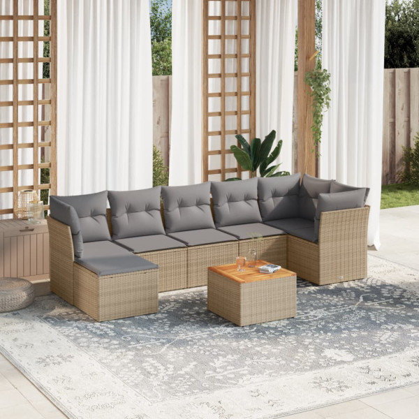 8 pcs conj. sofás jardim c/ almofadões vime PE bege misturado D