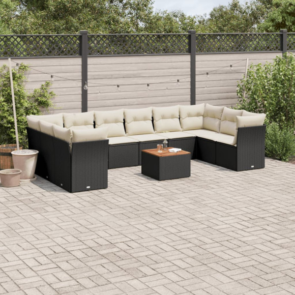 11 pcs conjunto sofás de jardim c/ almofadões vime PE preto D