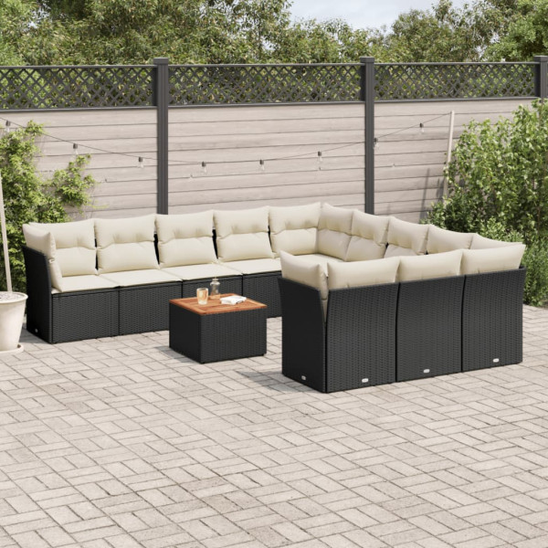 12 pcs conjunto de sofás de jardim c/ almofadões vime PE preto D