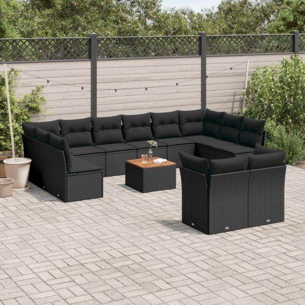 Set de sofás de jardín y cojines 13 pzas ratán sintético negro D
