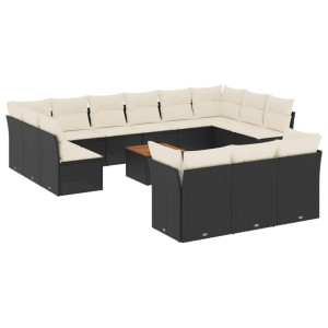 14 pcs conjunto de sofás p/ jardim c/ almofadões vime PE preto H