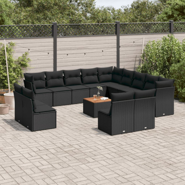 Set sofás de jardín 14 pzas con cojines ratán sintético negro D