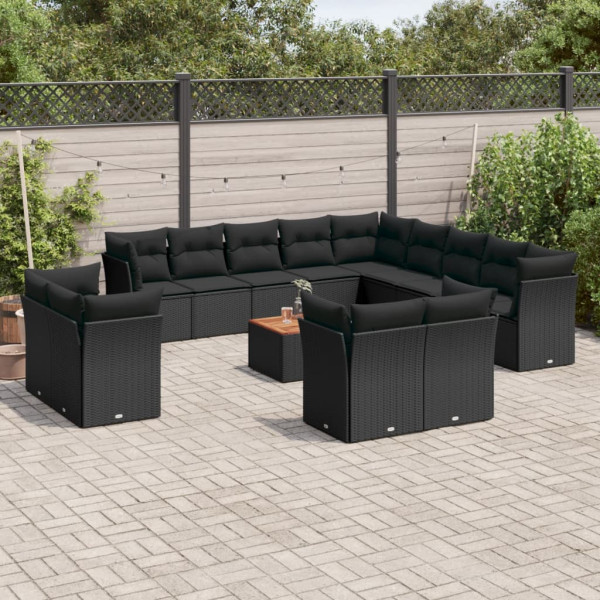 Set sofás de jardín 14 pzas con cojines ratán sintético negro D