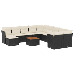 12 pcs conjunto de sofás de jardim c/ almofadões vime PE preto H