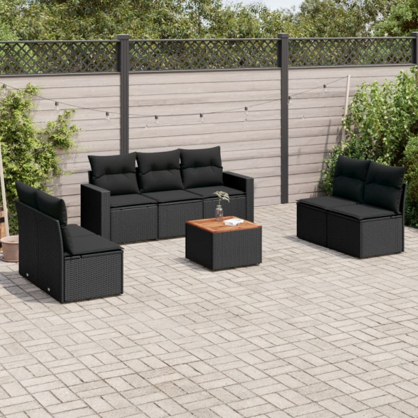 Set de sofás de jardín 8 piezas y cojines ratán sintético negro D