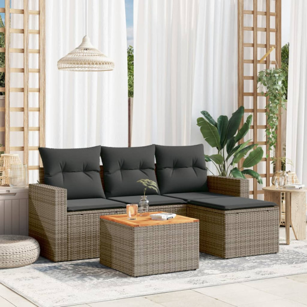 5 pcs conjunto sofás de jardim c/ almofadões vime PE cinzento D
