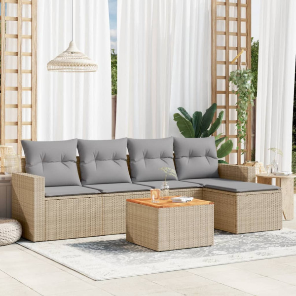 6 pcs conj. sofás jardim c/ almofadões vime PE bege misturado D