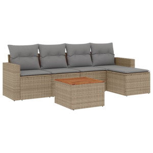 6 pcs conj. sofás jardim c/ almofadões vime PE bege misturado H