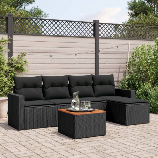 Set de sofás de jardín 6 piezas y cojines ratán sintético negro D