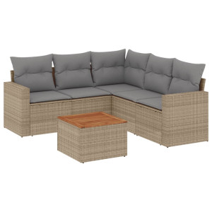 6 pcs conj. sofás jardim c/ almofadões vime PE bege misturado H