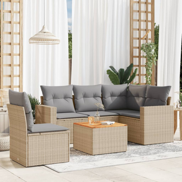 6 pcs conj. sofás jardim c/ almofadões vime PE bege misturado D