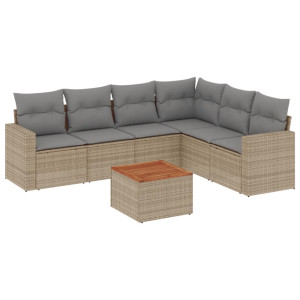7 pcs conj. sofás jardim c/ almofadões vime PE bege misturado H