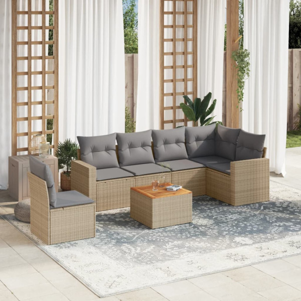 7 pcs conj. sofás jardim c/ almofadões vime PE bege misturado D