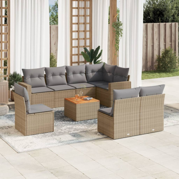 9 pcs conj. sofás jardim c/ almofadões vime PE bege misturado D