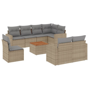 9 pcs conj. sofás jardim c/ almofadões vime PE bege misturado H