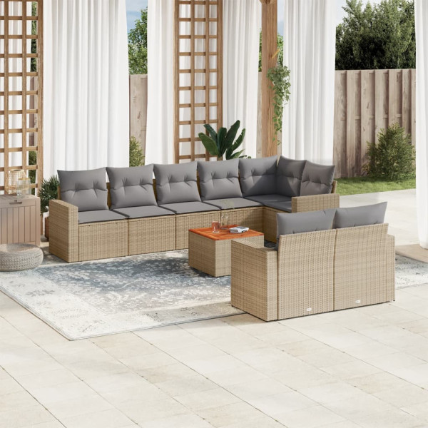 9 pcs conj. sofás jardim c/ almofadões vime PE bege misturado D