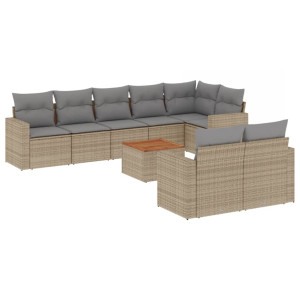 9 pcs conj. sofás jardim c/ almofadões vime PE bege misturado H