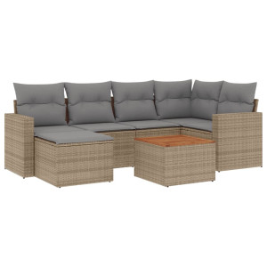 7 pcs conj. sofás jardim c/ almofadões vime PE bege misturado H