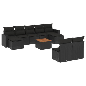 10 pcs conjunto sofás de jardim c/ almofadões vime PE preto H