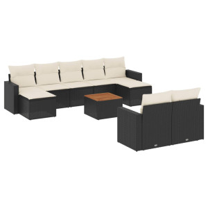 10 pcs conjunto sofás de jardim c/ almofadões vime PE preto H